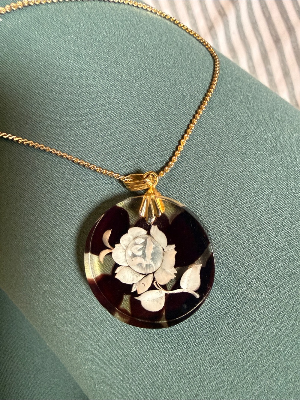 Vintage Mid Century Reverse Carved Lucite Rose Pendant Necklace - Faux Tortoise